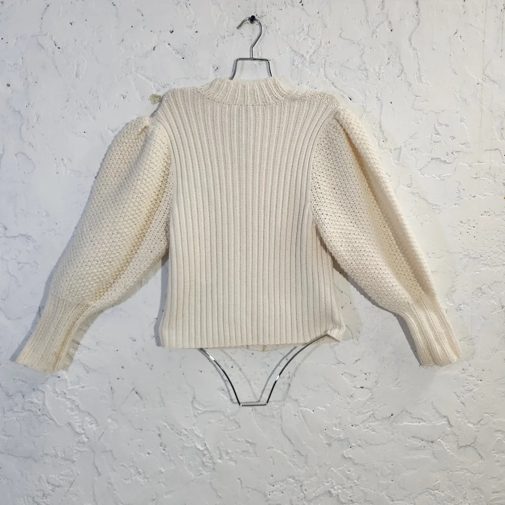 TSE Wool Cashmere Blend Button Dowm Ivory White Balloon Sleeve Knit Sweater - Picture 5 of 12